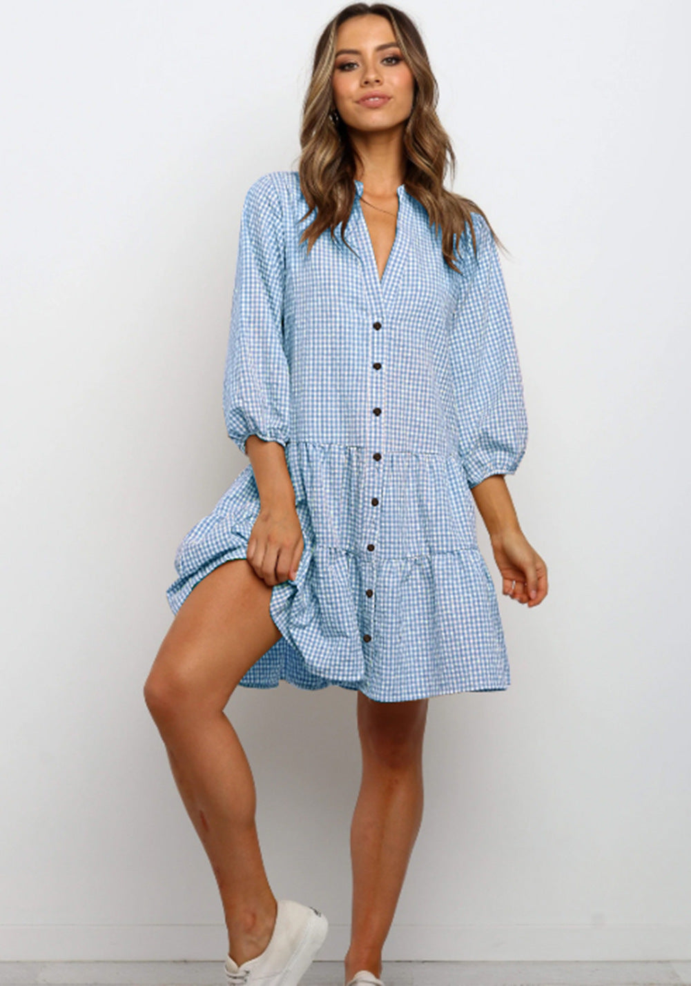 Ruffled dress with checked pattern