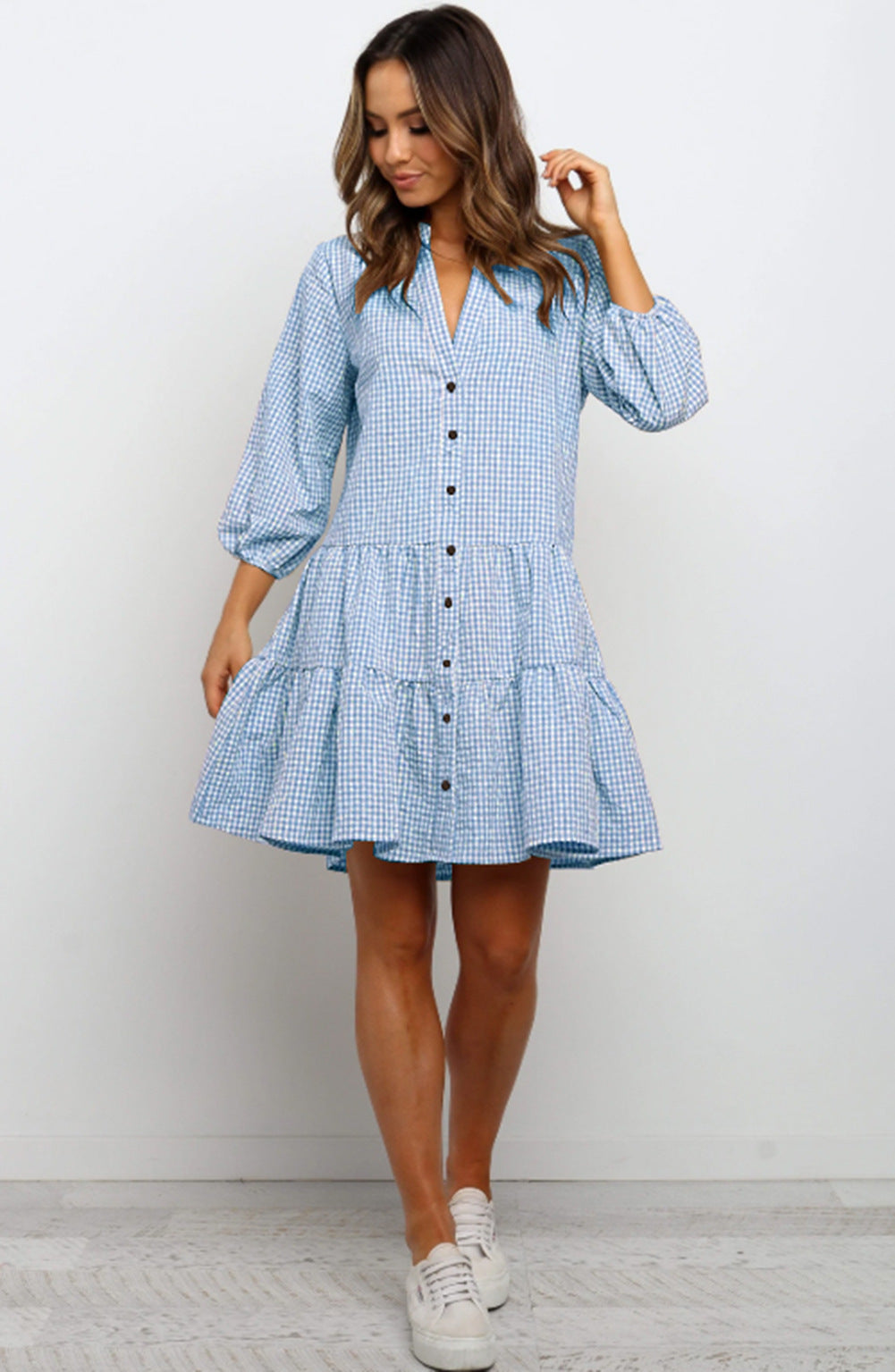 Ruffled dress with checked pattern