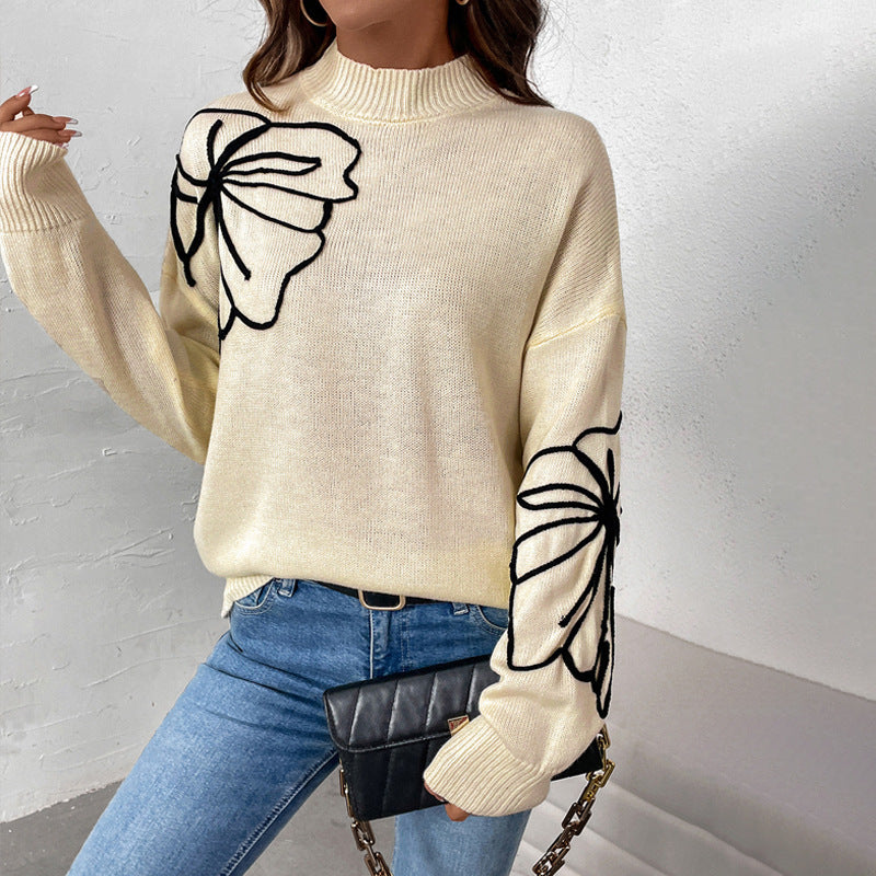Pullover mit halbem Rollkragen und Blumenmuster